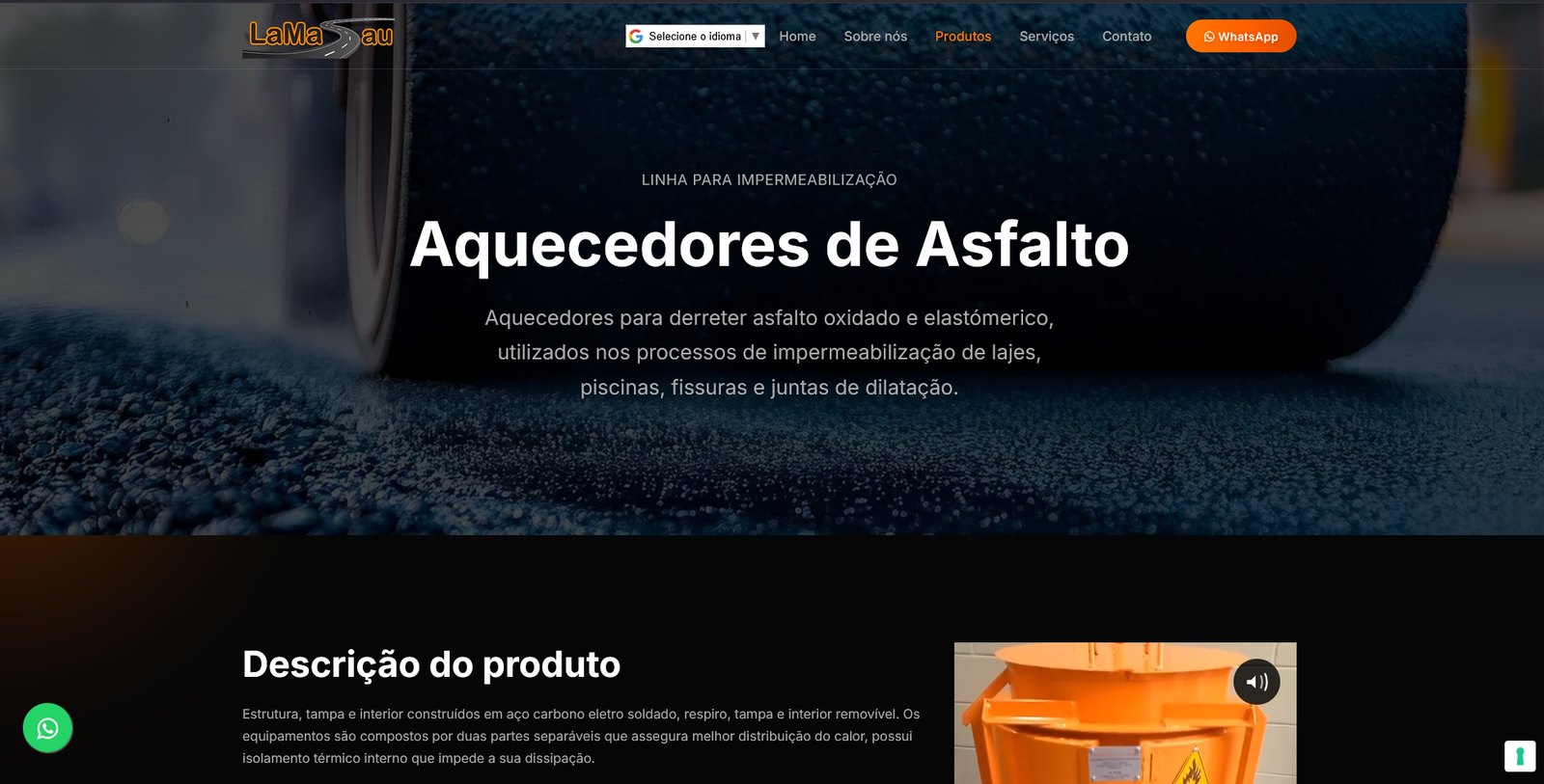 Página de produto de aquecedor de asfalto