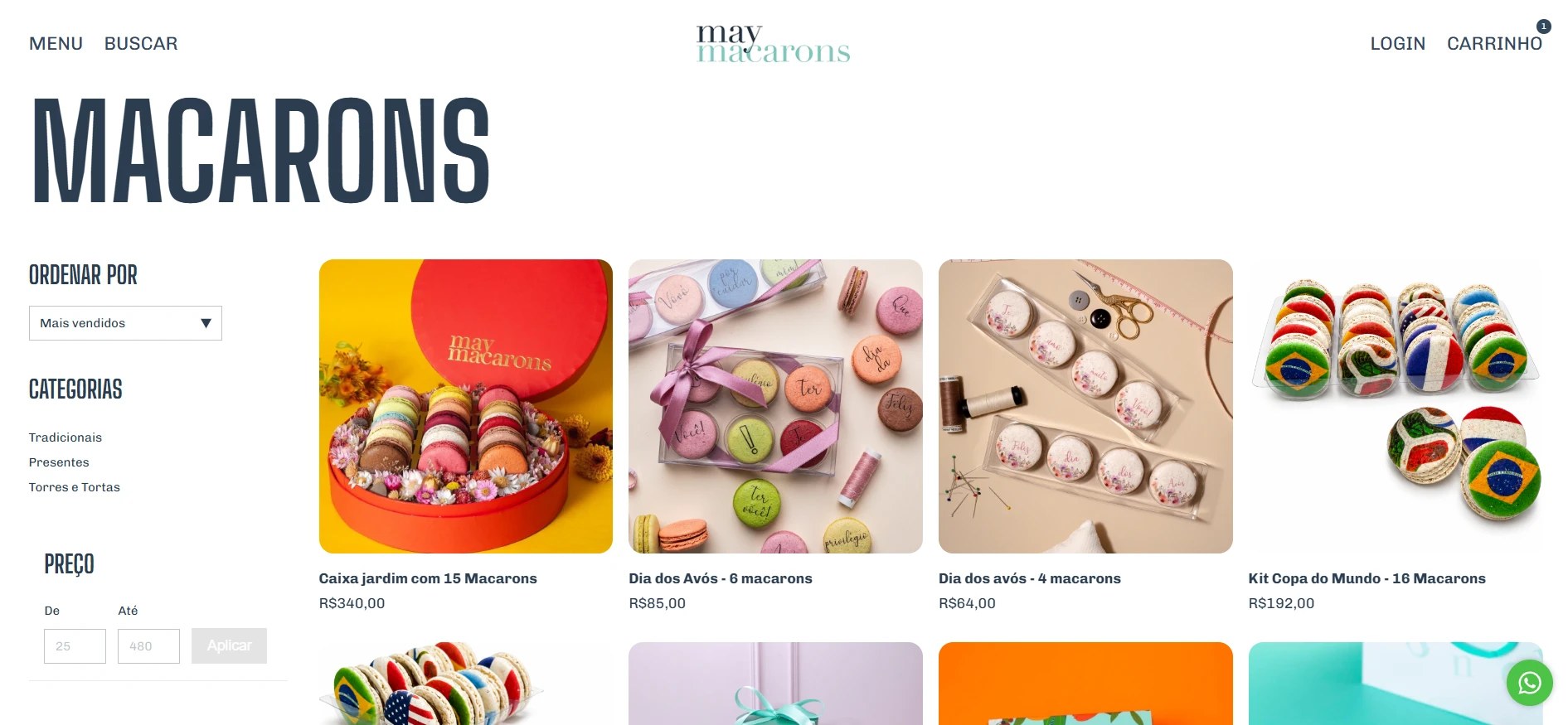 Página de categoria da loja May Macarons com filtros